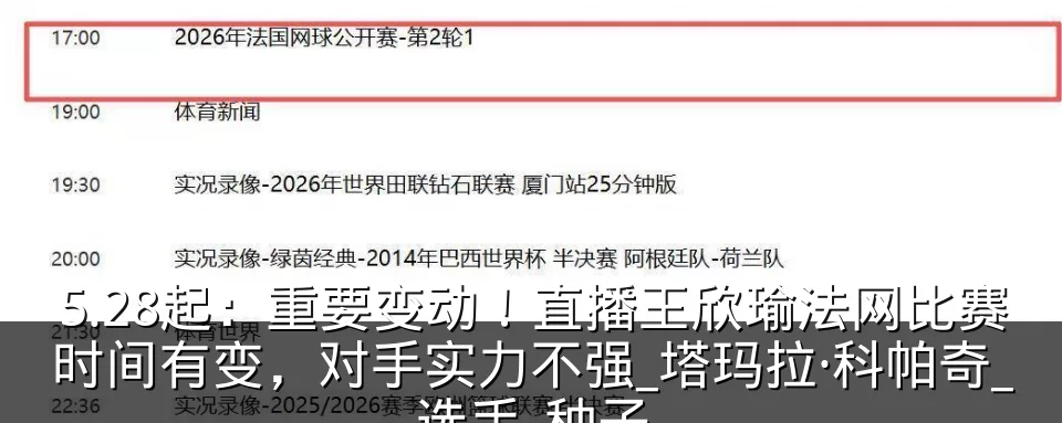 5.28起:重要变动!直播王欣瑜法网比赛时间有变,对手实力不强_塔玛拉·科帕奇_选手_种子